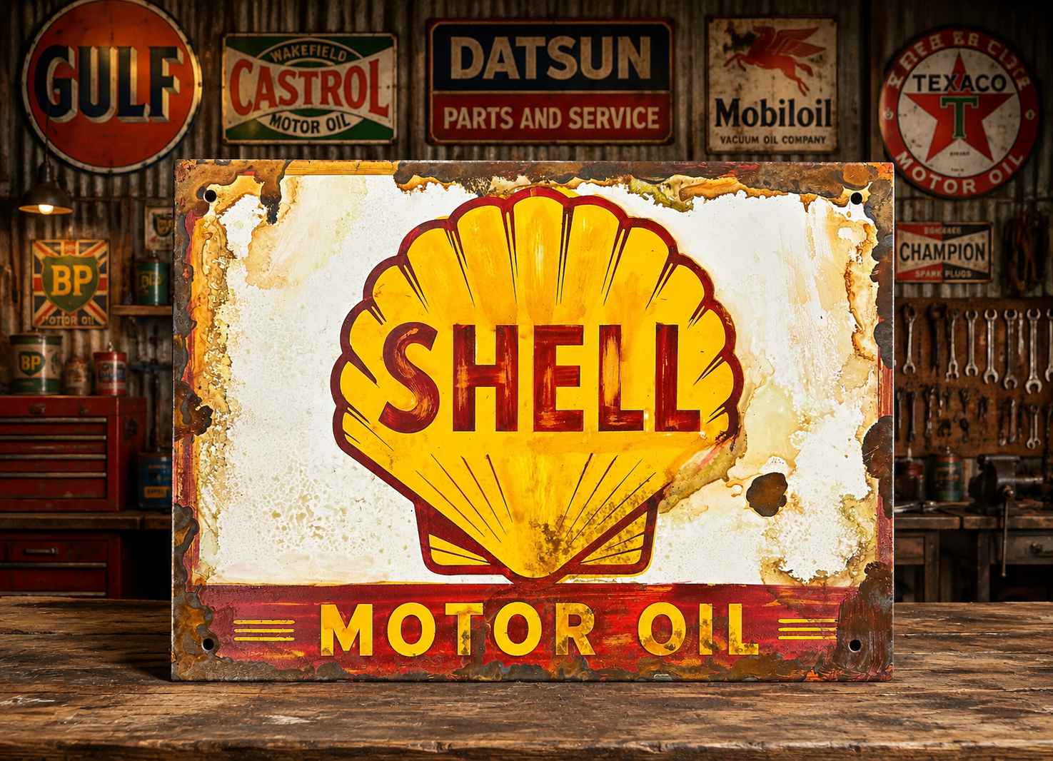 Hand Painted Vintage Shell Motor Oil Sign